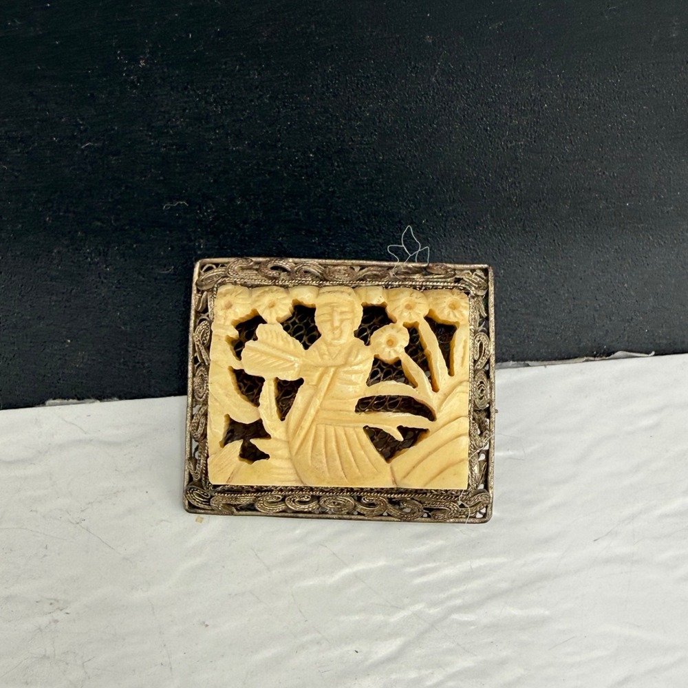 Vintage Estate Chinese Export Brooch Filigree Carved Rectangle Cream 1.25in